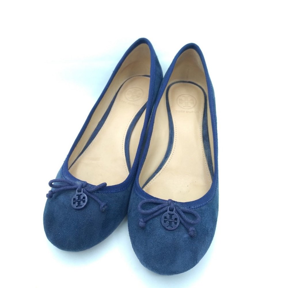 Tory Burch Blue Leather Suede Chelsea Wedge Heels Bow Logo Round Toe 7M